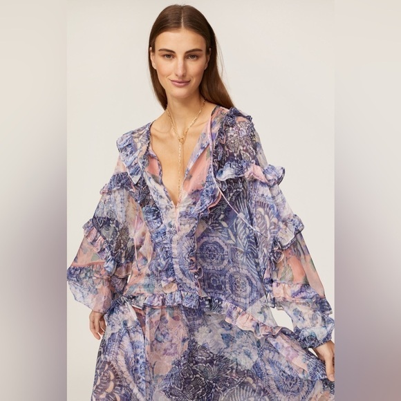 New!Misa Los Angeles Persephone Ruffle Maxi Dress Abstract Floral 🩵Medium NWT! - Picture 5 of 16